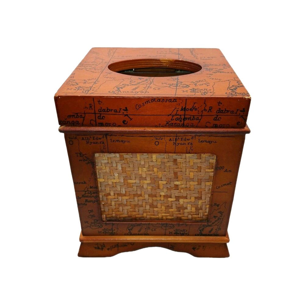Ivory Coast Map on Wood Tissue Box Holder Hinged Lid Woven Rattan Inset 6.5x5.5"